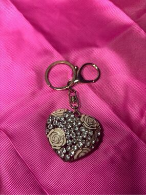 New Bag Charm Heart Crystal Keychain with Cream Rose Accents